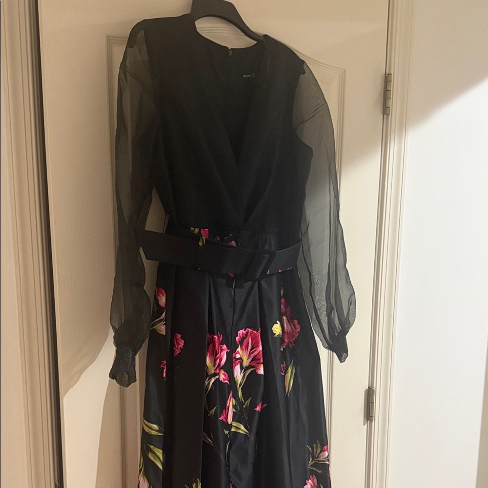 Adam Black Dress with Pink Floral and Sheer Sleeves